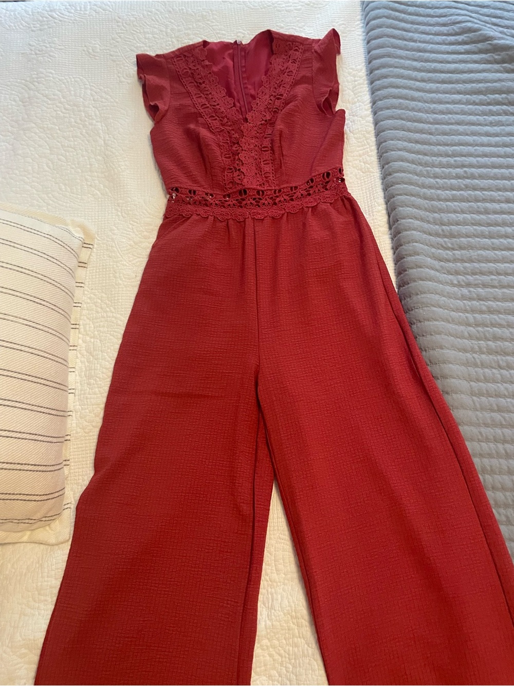 Beginning Boutique Red Crochet-Waist Jumpsuit